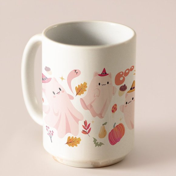 Halloween Pink cute ghosts Coffee Mug. Halloween Coffee Cup. 15oz Ceramic Mug - Picture 5 of 5